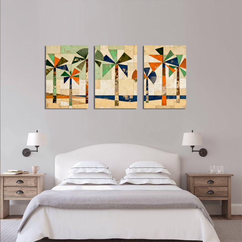 «Geometric Palm Trees», reproduction d'art moderne sur toile tendue sur toile abstraite (ensemble de 3), H 18 po x l 36 po