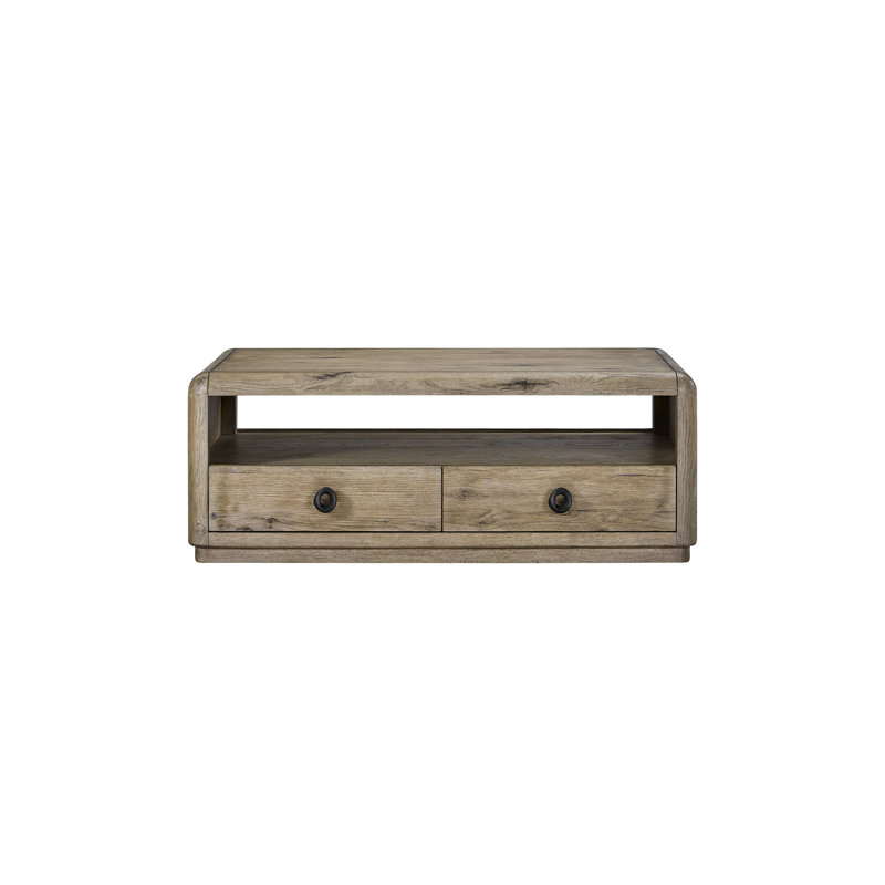 Table basse avec placage en chêne noueux anglais, deux tiroirs, tablette ouverte, 48 po de profondeur, 28 po de largeur, 18,5 po de hauteur, bords arrondis en chêne, poids de 117 lb, bois massif +