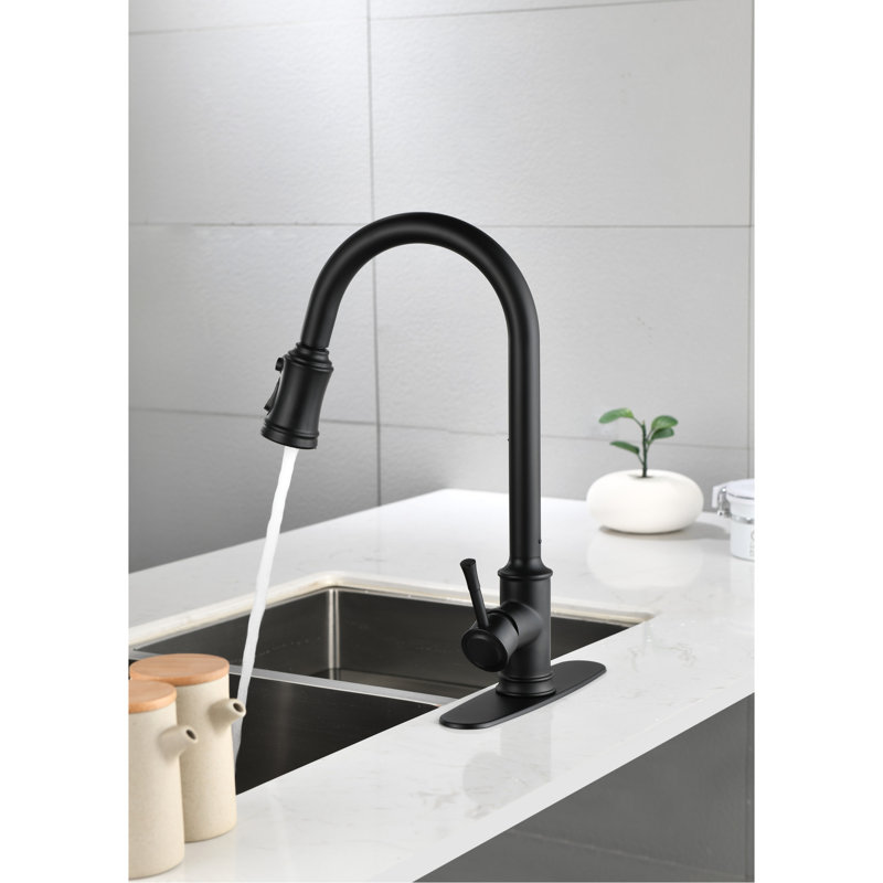 Robinet de cuisine à poignée simple noir mat, acier inoxydable avec fonction de jet rétractable pour une utilisation facile, robinet d'eau en noir, pivotant sur 360 ° sans effort