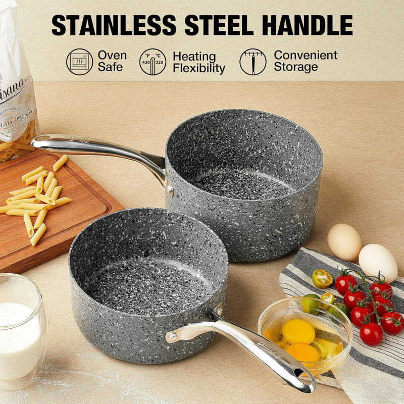 Ensemble de casseroles en aluminium antiadhésif Hlafrg 1 + 2 pte avec couvercle, revêtement en granit gris, 2 pintes, Gris