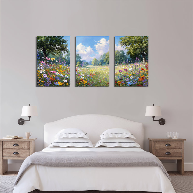 Floral Meadow, peinture à l'huile sur toile, impression de paysage (ensemble de 3), H 24 po x l 48 po