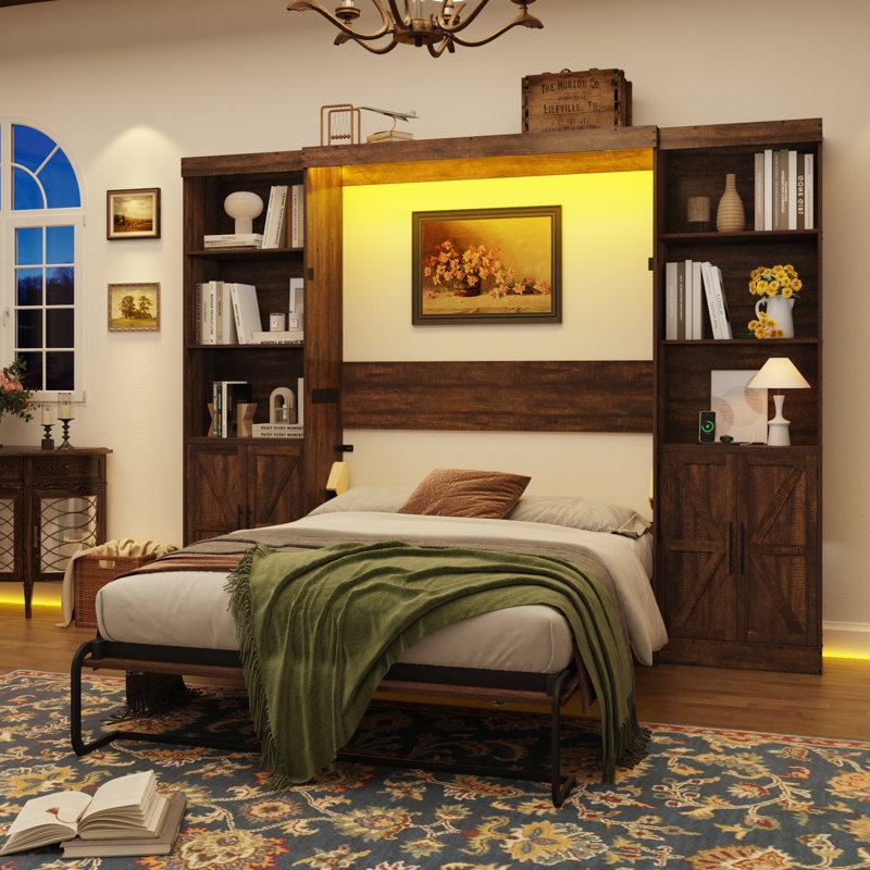 Murphy Bed With 2 Side Storage Cabinets, LED Lights, And Charging Station,  No Box Spring Needed, For Home Office, Full