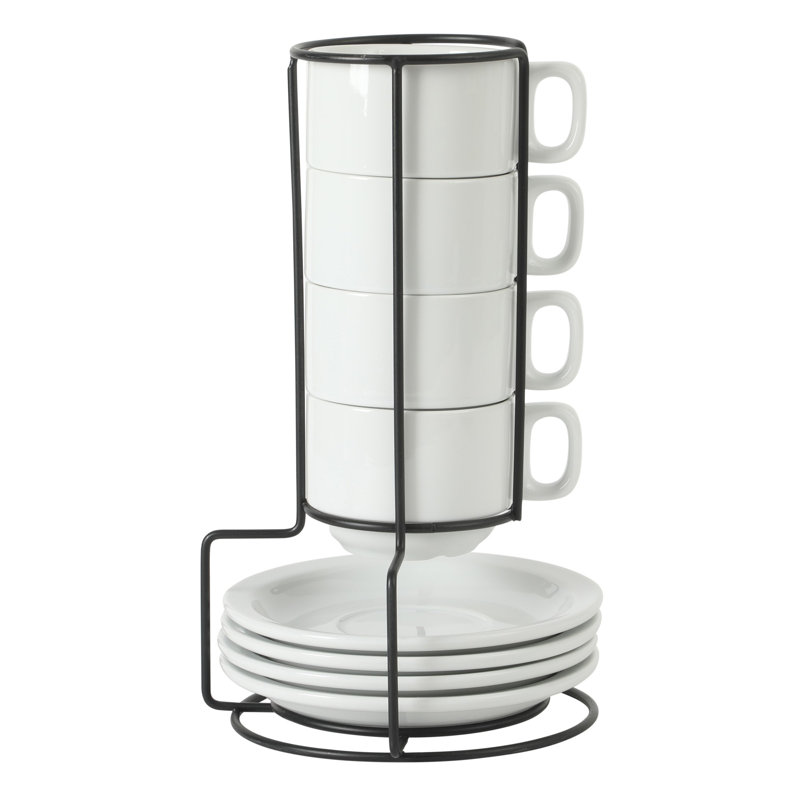  Ensemble de 4 tasses à café avec 4 soucoupes empilables, support en métal, tasses à café pour latte, café, moka et thé