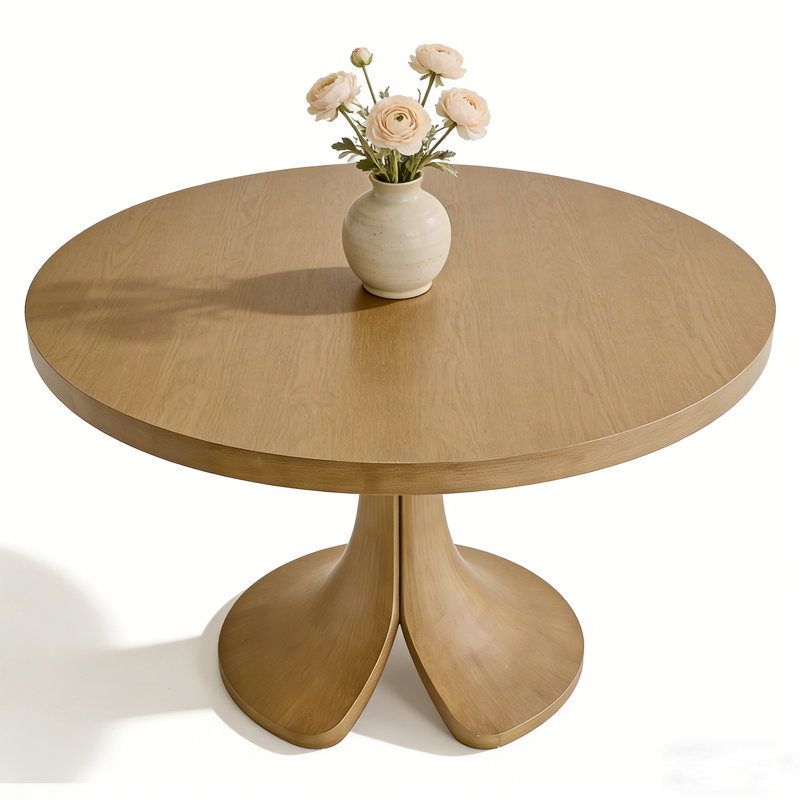 Aurora Luxury Solid Wood Round Dining Table - 2” Thick Tabletop With Sculptural Pedestal Base - Mid-Century Modern Centerpiece For Kitchen & Dining Room