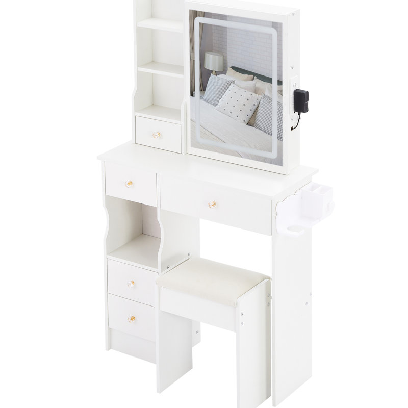 Petit ensemble de coiffeuse avec miroir coulissant, lumières DEL et tabouret, miroir de coiffeuse avec tiroirs de rangement et tablettes pour la chambre à coucher (blanc)