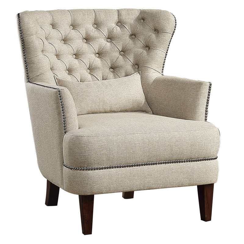  Fauteuil à oreilles 34 po en polyester capitonné avec tissu d'aspect lin, garniture cloutée et coussin lombaire inclus