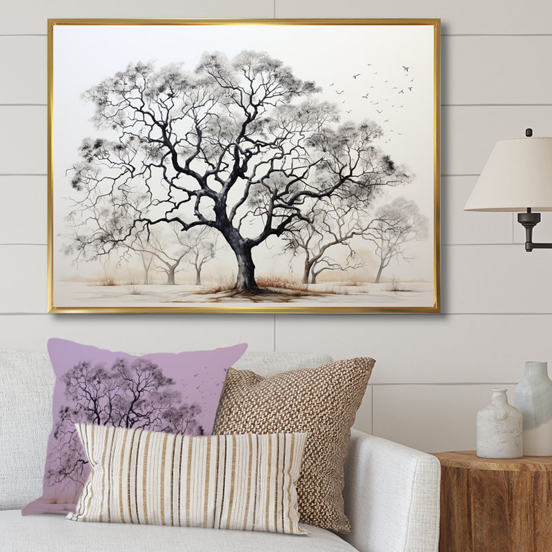 Minimalisme, arbres en chêne noir et blanc III sur toile, Cadre flottant doré, H 30 po x l 40 po x P 1,5 po