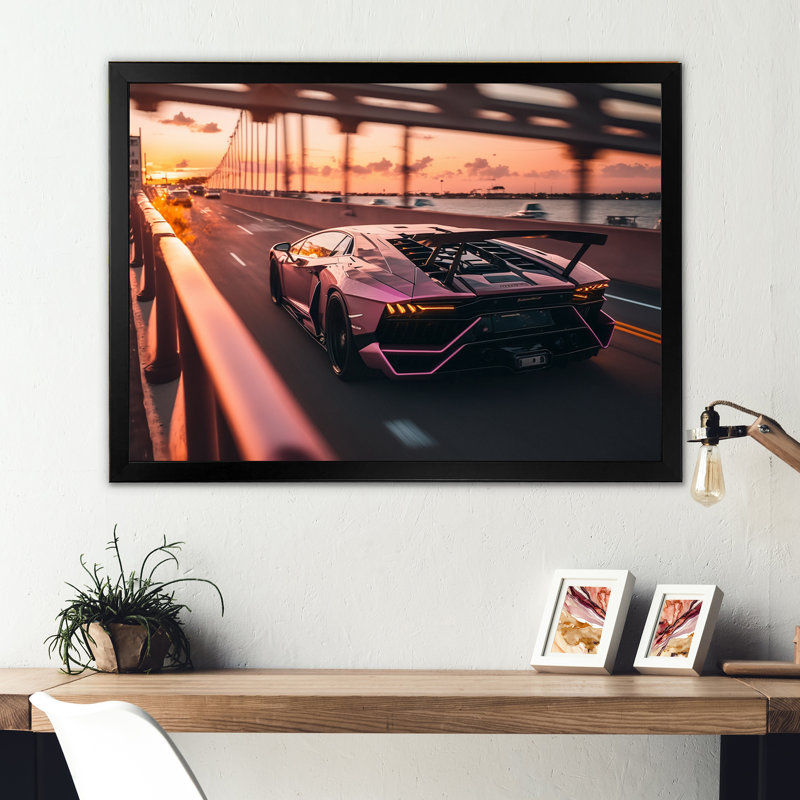 «Fast Car On The Higway - Cars Race Exotic», reproduction sur toile encadrée, Cadre photo noir, H 12 po x l 20 po