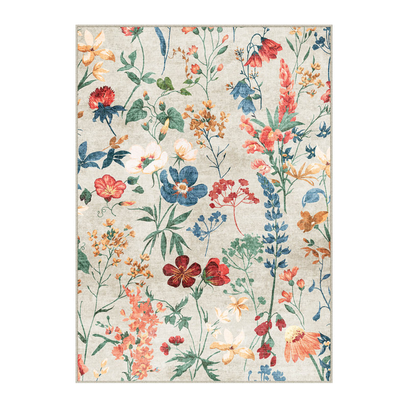 Tapis floral lavable à la machine avec envers antidérapant, Rectangle 5 pi x 7 pi, Beige