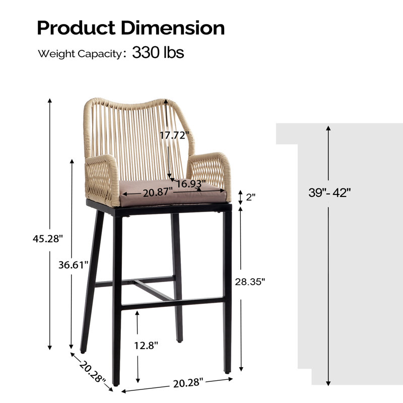 Tabouret de bar en rotin tissé avec structure en fer (paquet de 2), Noir