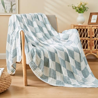 EMME Checkered Cotton Blanket Large 90"x90" 100% Muslin for Couch Breathable Cooling Gauze All Season Soft and Lightweight