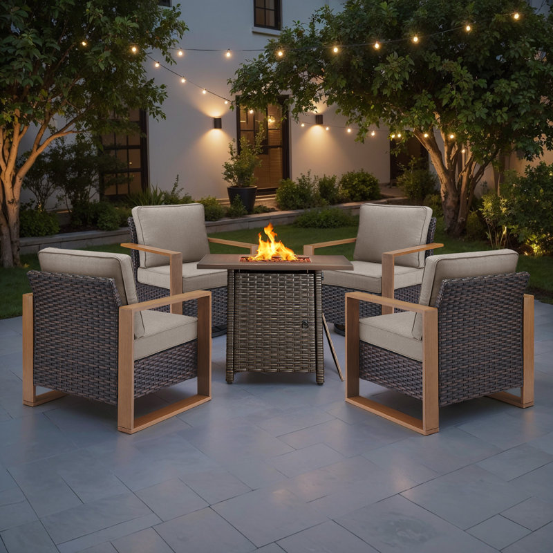 Drazen 4 - Person Patio Furniture Set With Fire Pit Table, All-Weather Wicker Outdoor Conversation Set With Chair And Thick Cushions