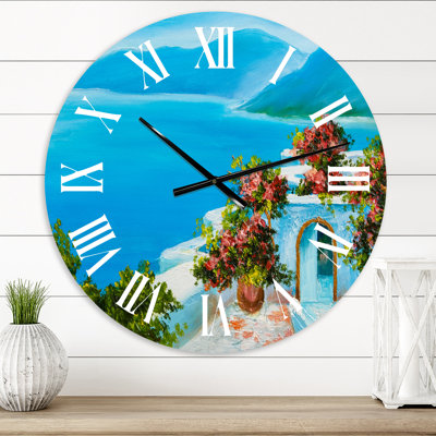 Maison près de la mer, fleurs colorées I - horloge murale nautique et côtière