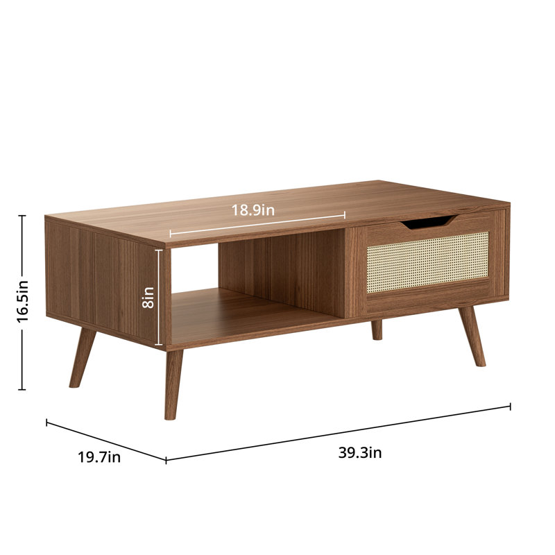Table basse en rotin 39 po, table basse avec tiroir et tablette Boho, Brun
