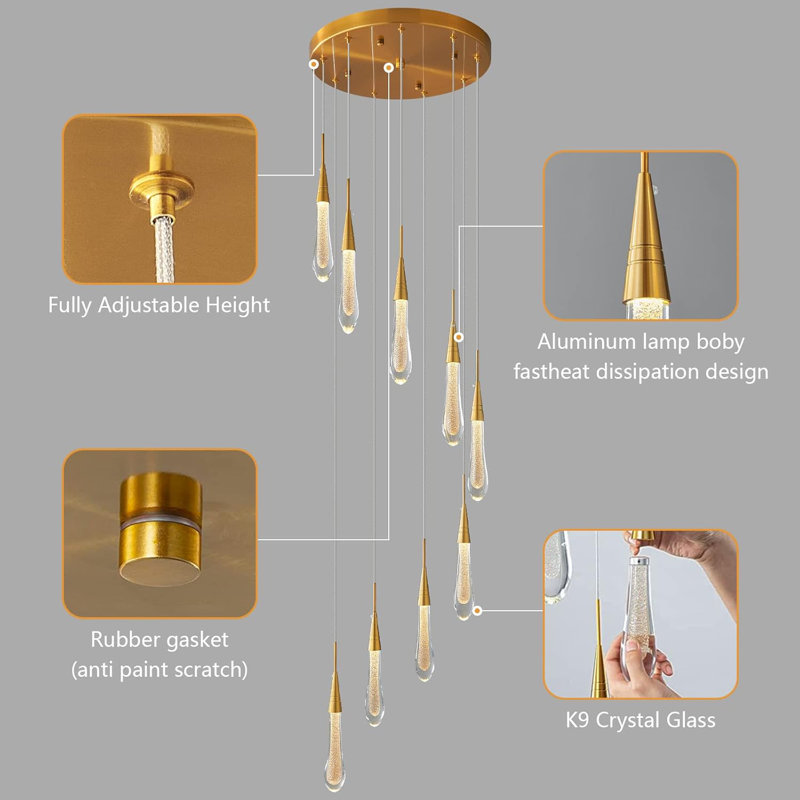 Lustre en cristal moderne avec lumières DEL à intensité variable, plafonnier doré pour le salon, hall d'entrée, escalier, conception à 9 lumières
