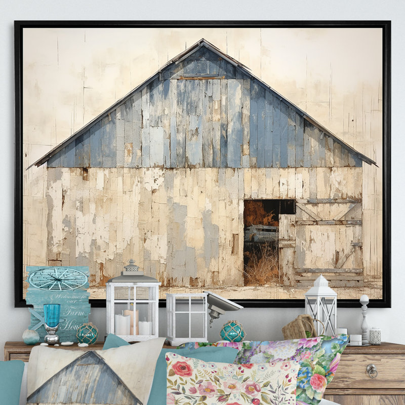Beige et bleu grange - art mural de grange, H 24 po x l 32 po x P 1 po, Cadre flottant noir