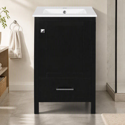 Meuble-lavabo moderne de 20 pouces avec lavabo en céramique, tiroir et porte à fermeture en douceur, organisateur de porte double couche, tiroir de séparation, patins réglables - conception de rangement peu encombrante