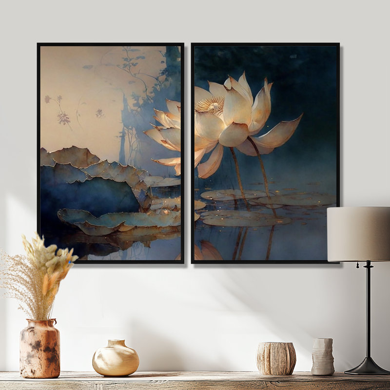 Blanc rétro lotus à l'aube - art mural blanc, H 36 po x l 48 po, Impression encadrée flottante, Noir