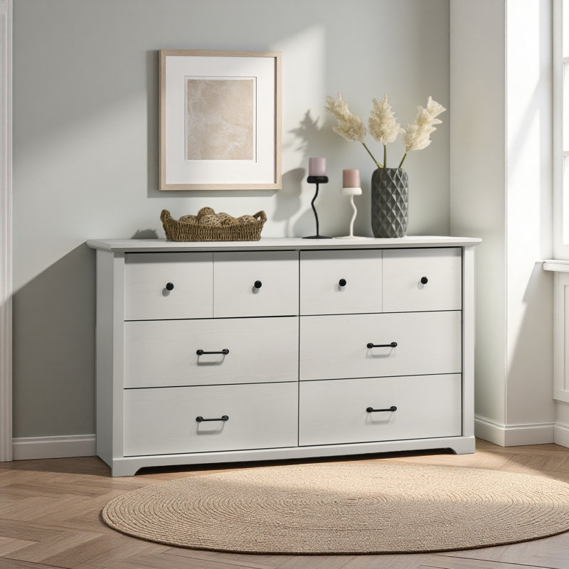Commode 6 tiroirs 57 po avec poignées, Blanc