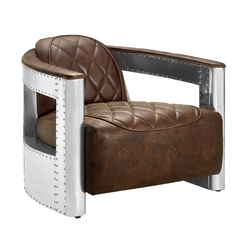 Fauteuil demi-tonneau en cuir fleur Gable, Cuir véritable brun