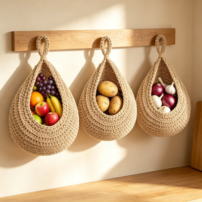 Hanging Fruit Baskets for Kitchen, 3 Pack Boho Cotton Rope Handwoven Wall Mounted Vegetable Storage Organizer, Farmhouse Decor for Onion, Potato, Garlic, Plants, Linen