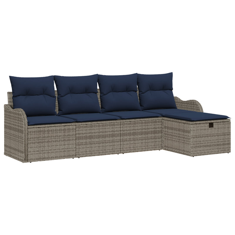 vidaXL Garden Sofa Set with Cushion 5 pcs Grey and Navy Poly Rattan, Gray Frame/Navy Blue Cushion