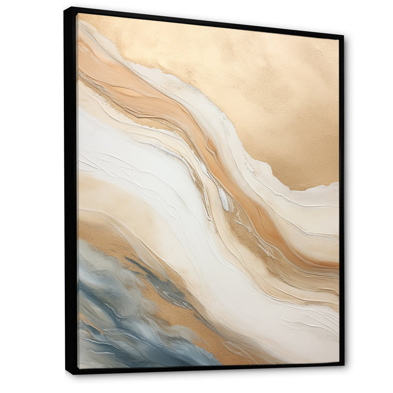 Or et bleu plage sable fusion - art mural abstrait salon, Cadre flottant noir, H 32 po x l 24 po x P 1 po