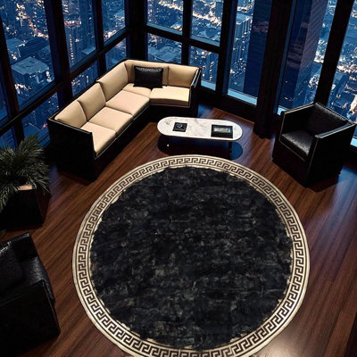 Black Round Tuscan Rug, Handmade Natural Living Room Carpet