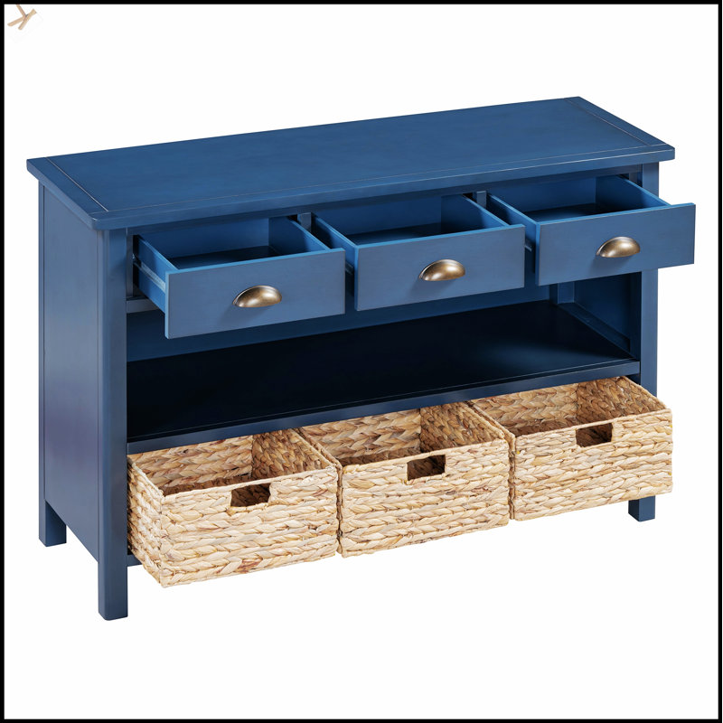 Console rétro avec 3 tiroirs de rangement et paniers tissés pour le vestibule, le couloir et le salon, Navy