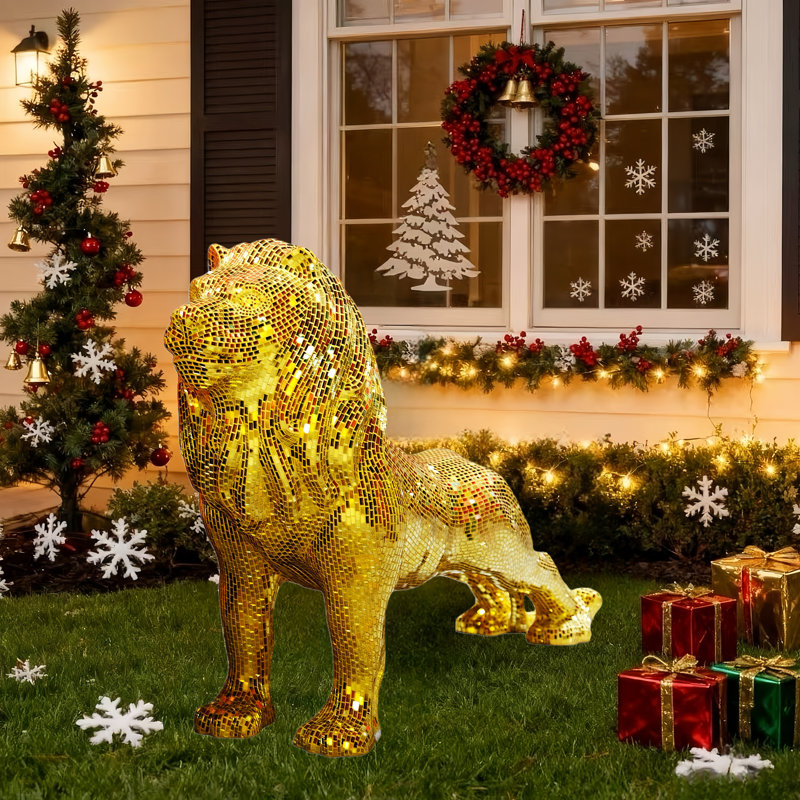 Statue de lion avec diamant en miroir Exterio, Doré