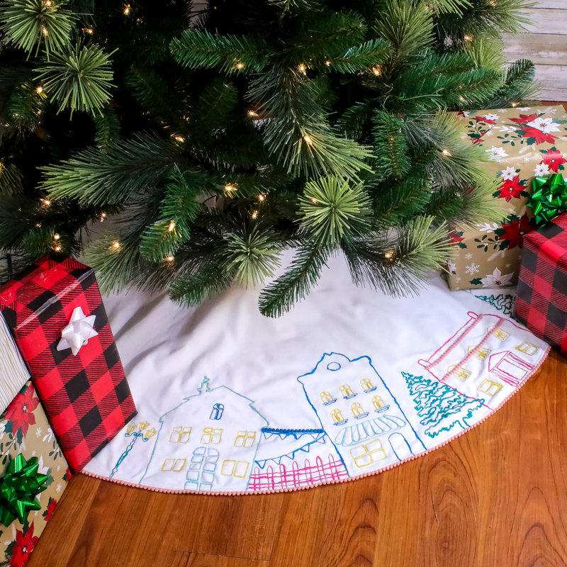52" White Cotton Velvet Village Scene Embroidered Tree Skirt