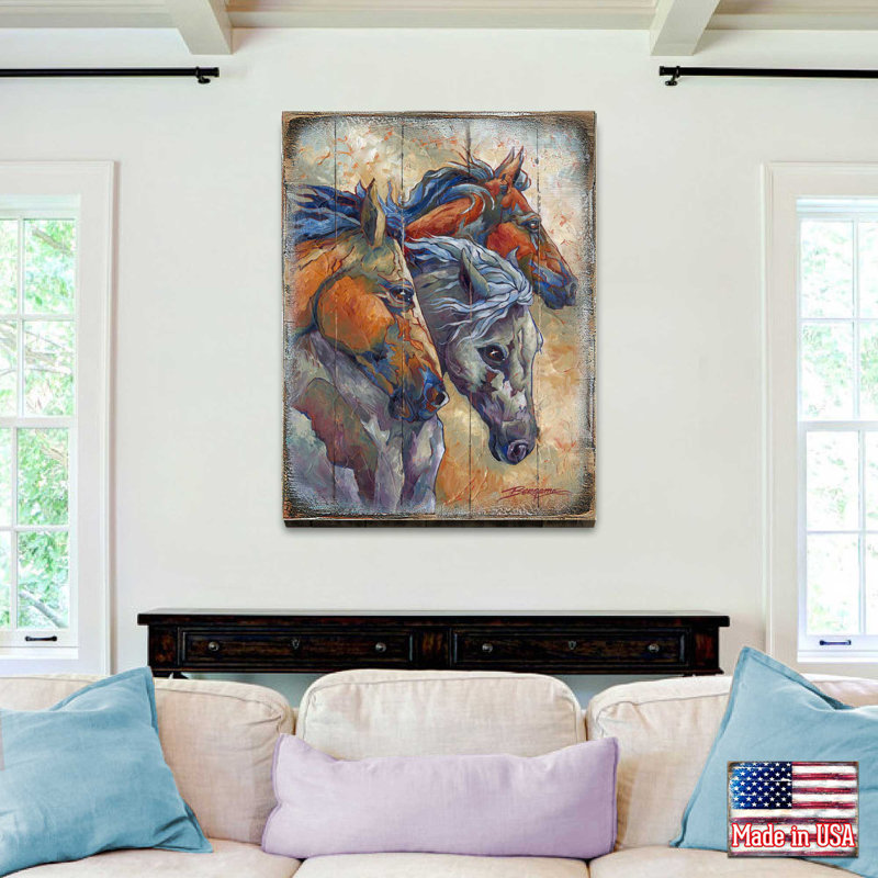 Let ‘Em Run, Horse Heads, palette d'art par Jody Bergsma, H 24 po x l 18 po x P 2 po