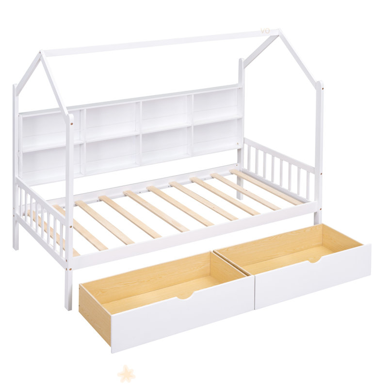 Lit simple en bois avec 2 tiroirs, lit pour enfant avec tablette de rangement