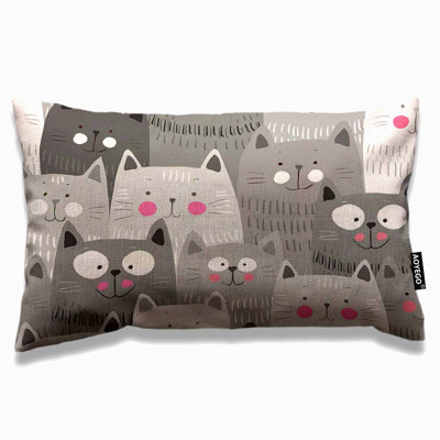 Cartoon Kitten Doodle Smile Pillow Cover - Cute Animal Head Rectangle Case - Home Decor Cotton Linen Cushion - Bed Sofa Grey White Black