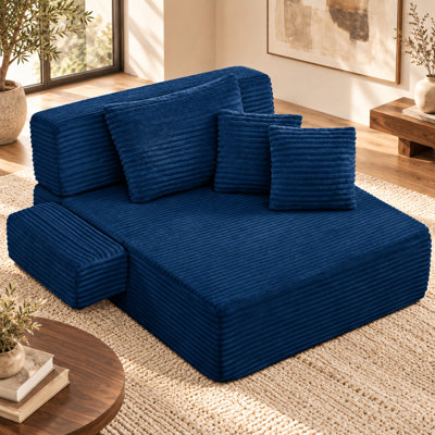 Chaise longue en velours côtelé Velrissorique 2 en 1 avec coussins en mousse et à ressorts ensachés, accoudoirs larges et poche latérale