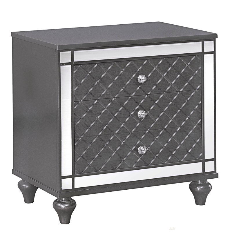Table de bout de table de chevet 1 tiroir 3 pièces de style contemporain avec placage miroir et pieds fuselés au fini gris