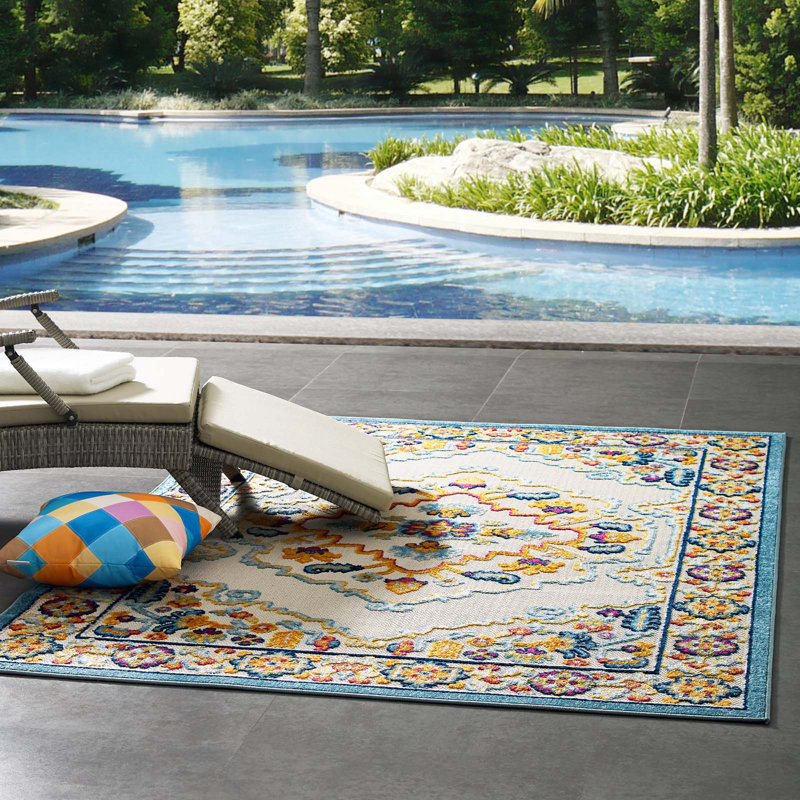 Modway Reflect Ansel Distressed Vintage Floral Persian Medallion 5x8 Indoor and Outdoor Area Rug in Multicolored