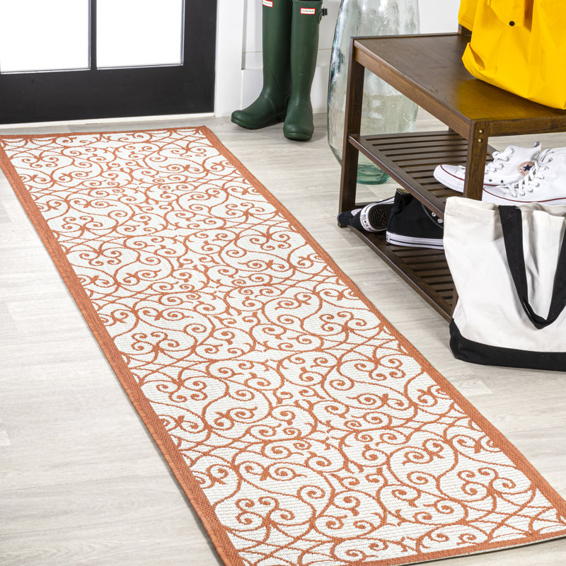 Deronte Vintage Filigree Textured Weave Cream/Orange Indoor/Outdoor Rug, Runner 2'2" x 10'
