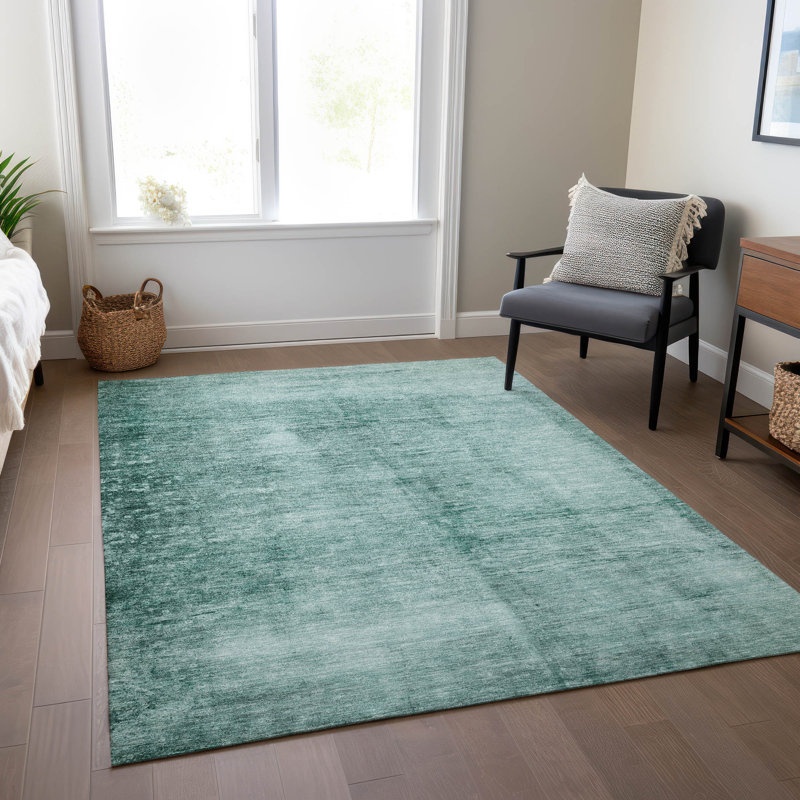 Tapis bleu sarcelle lavable à la machine intérieur / extérieur Xhevrie, Rectangulaire 8 pi x 10 pi