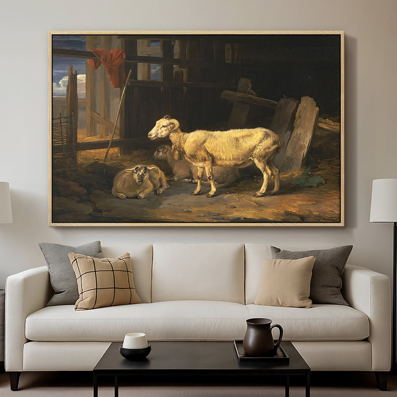 «Sheep in a Stable», 1810 - Toile tendue avec châssis James, 26 x 40, Naturel