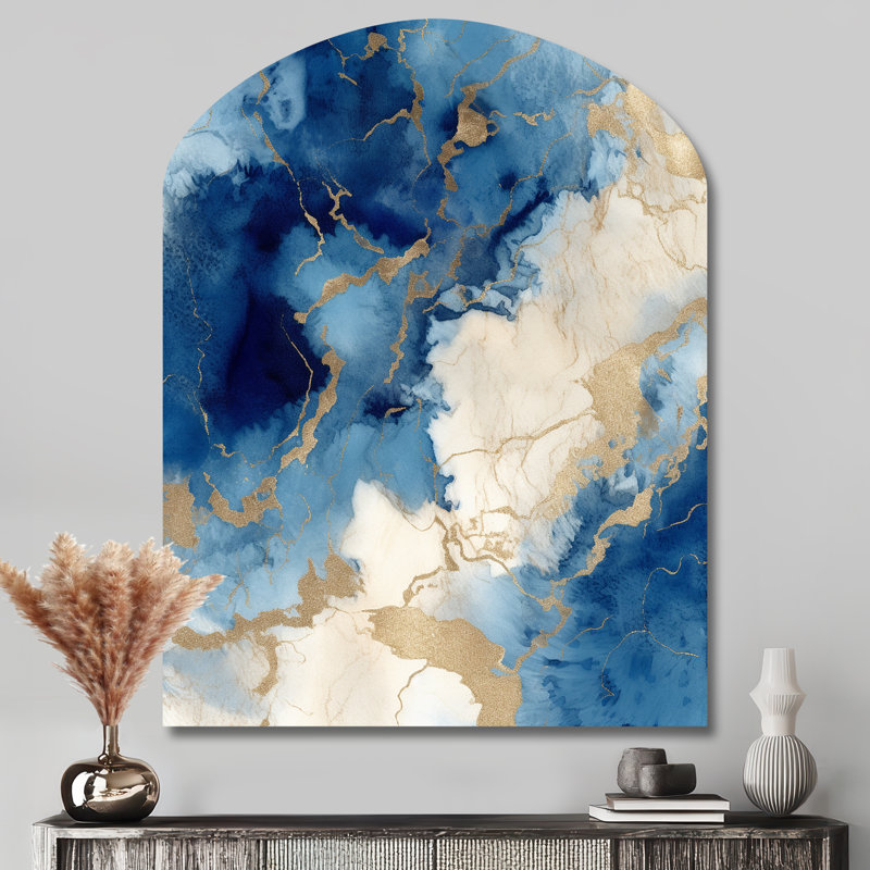«Blue and Gold Marble Clouds X - Arch Fractals», art mural en métal, reproduction de sculpture murale asymétrique en métal