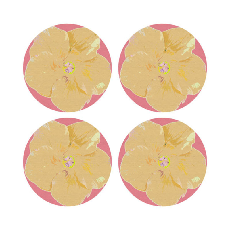 Hibiscus Vegan Leather Round Pebble Placemat, Pink