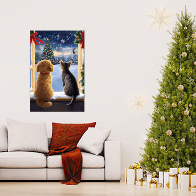 Grand Abiel - Scène hivernale de chien et de chat avec arbre de Noël, affiche de peinture des Fêtes, impression sur toile prête à accrocher pour décoration murale et cadeau, 24 po x 32 po