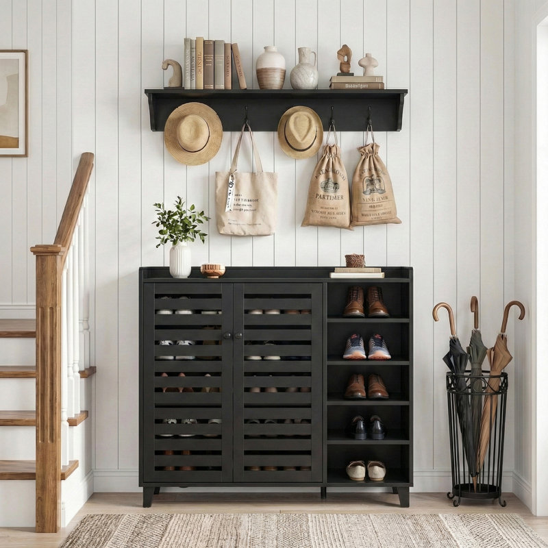 Armoire à chaussures 2 portes avec 5 tablettes ouvertes avec dosseret l 45,67 po, Noir