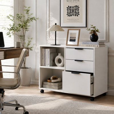 Armoire de classement et de rangement mobile de 34,6 pouces de large, à 3 tiroirs, avec étagères ouvertes, tiroir pour dossiers suspendus et roulettes