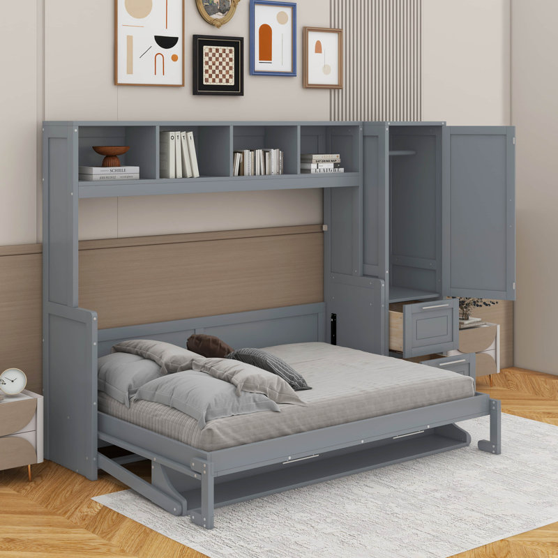 Lit escamotable double avec tiroirs et garde-robe, Gris