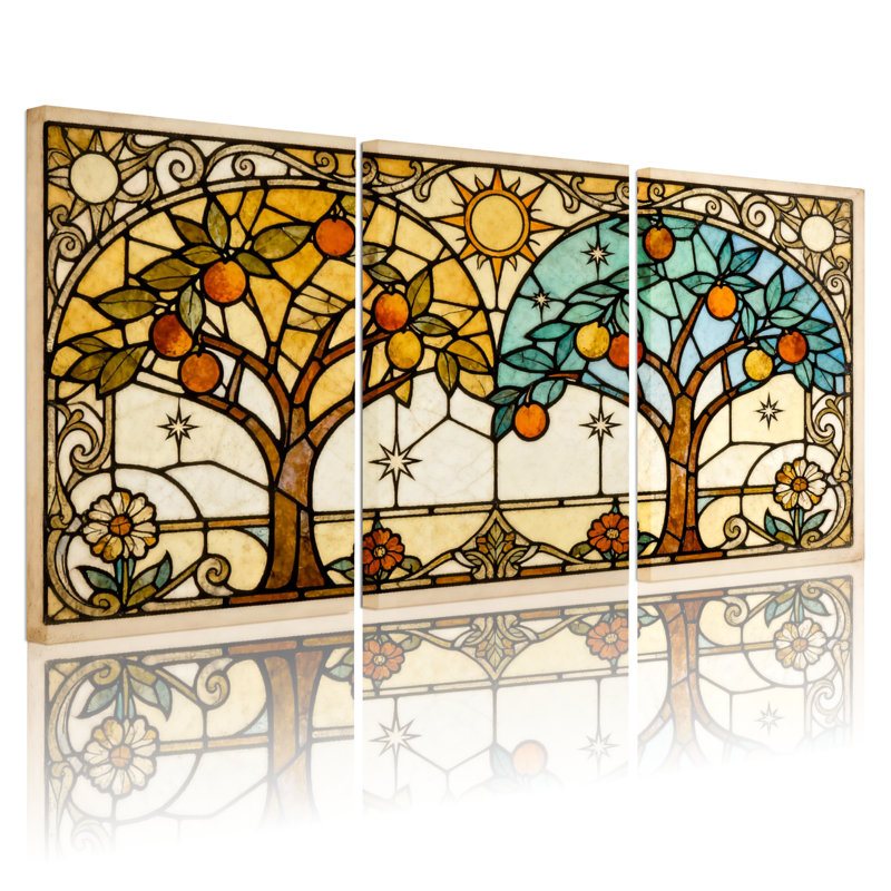 Ensemble de 3 impressions sur toile en vitrail motif arbre et soleil, H 18 po x l 36 po