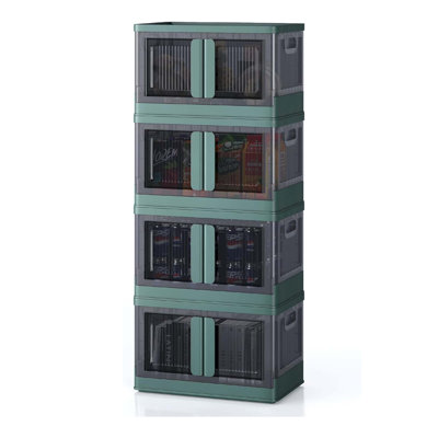4 Pack Collapsible Storage Bins – 31.8L, Stackable, Lids Wheels Doors, Heavy Duty Plastic Containers, Green, Home Office Organizer