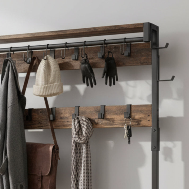 Brown & Black Wide Hall Tree With Bench, Entryway Shoe Rack, 24 Hooks, 2 Drawers, Hanging Rod & Top Shelf For Hallway & Living Room