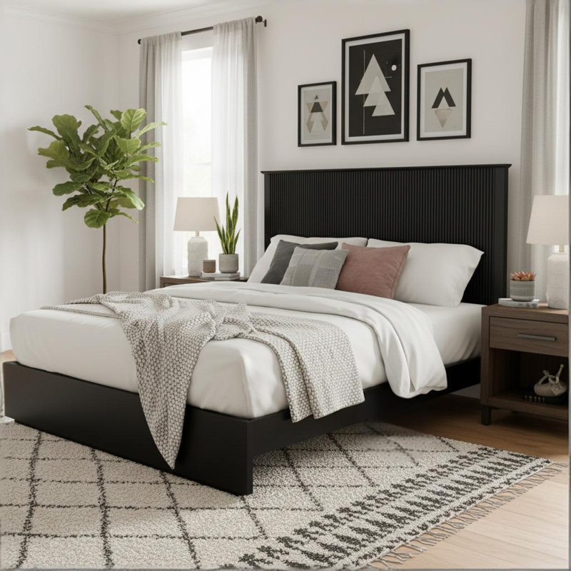 Stylish Queen Size Bed Frame - Black Solid Wood King Bed, 600lbs Weight Limit, Compatible with 8 - 10" Mattress, Contemporary Bedroom Furniture